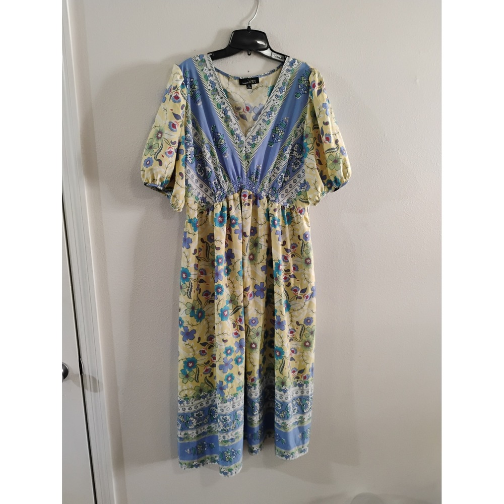 Suzanne Betro Floral V-Neck Midi Dress Yellow Blue Boho Smocked Waist 2X